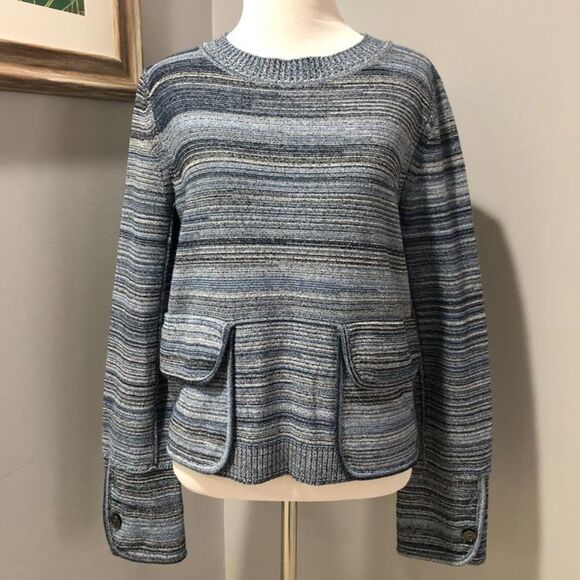 Sportmax Max Mara Blue Striped Knit Oversized Front Pockets Crewneck Sweater S/M - Picture 3 of 14